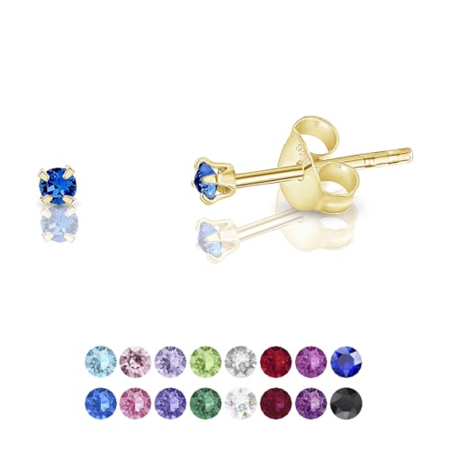 DTPsilver - Winzige Ohrringe 925 Sterling Silber Gelb Vergoldet mit Kristallen von Swarovski® Elements Runde Sehr kleine Ohrstecker - Durchmesser 2 mm - Farbe : Blauer Saphir von DTPsilver