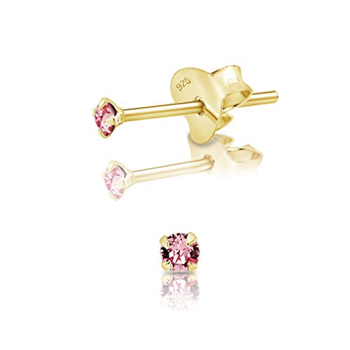 DTPsilver - Winzige Ohrringe 925 Sterling Silber Gelb Vergoldet mit Kristallen von Swarovski® Elements Runde Sehr kleine Ohrstecker - Durchmesser 2 mm - Farbe : Licht Stieg von DTPsilver