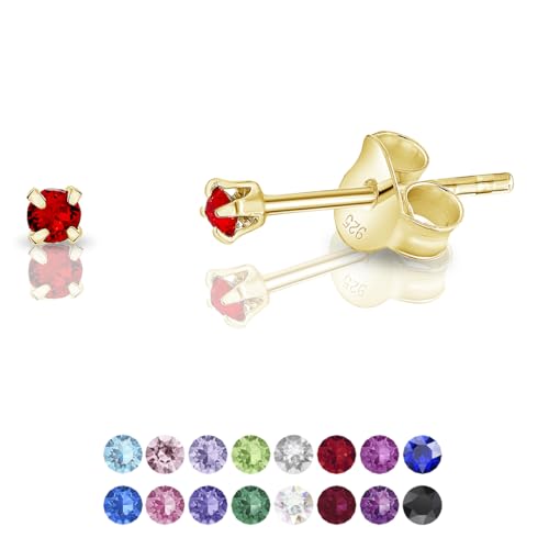 DTPsilver - Winzige Ohrringe 925 Sterling Silber Gelb Vergoldet mit Kristallen von Swarovski® Elements Runde Sehr kleine Ohrstecker - Durchmesser 2 mm - Farbe : Light Siam Rot von DTPsilver