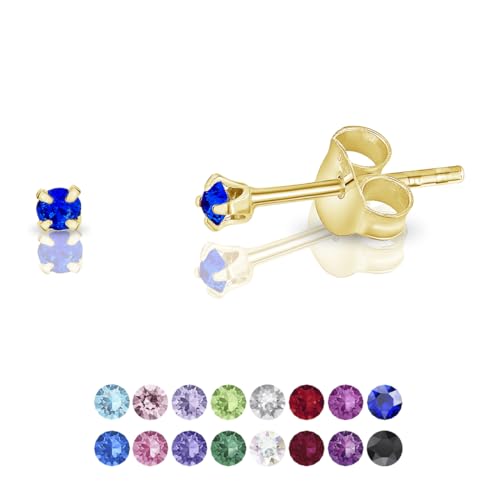 DTPsilver - Winzige Ohrringe 925 Sterling Silber Gelb Vergoldet mit Kristallen von Swarovski® Elements Runde Sehr kleine Ohrstecker - Durchmesser 2 mm - Farbe : Majestätisches Blau von DTPsilver