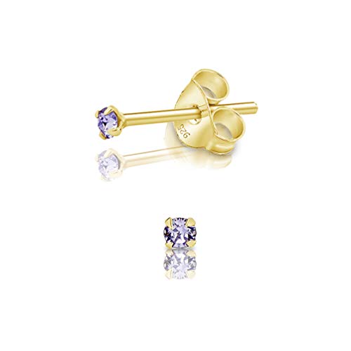 DTPsilver - Winzige Ohrringe 925 Sterling Silber Gelb Vergoldet mit Kristallen von Swarovski® Elements Runde Sehr kleine Ohrstecker - Durchmesser 2 mm - Farbe : Provence Lavendel von DTPsilver