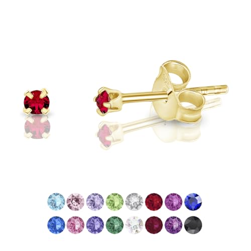 DTPsilver - Winzige Ohrringe 925 Sterling Silber Gelb Vergoldet mit Kristallen von Swarovski® Elements Runde Sehr kleine Ohrstecker - Durchmesser 2 mm - Farbe : Rubin von DTPsilver