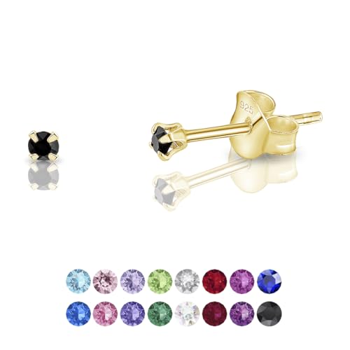 DTPsilver - Winzige Ohrringe 925 Sterling Silber Gelb Vergoldet mit Kristallen von Swarovski® Elements Runde Sehr kleine Ohrstecker - Durchmesser 2 mm - Farbe : Schwarz von DTPsilver