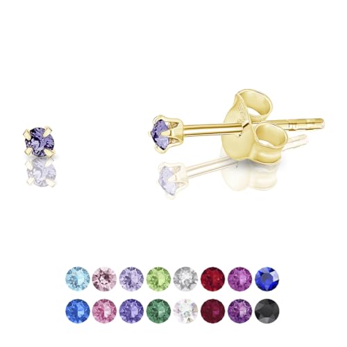 DTPsilver - Winzige Ohrringe 925 Sterling Silber Gelb Vergoldet mit Kristallen von Swarovski® Elements Runde Sehr kleine Ohrstecker - Durchmesser 2 mm - Farbe : Tansanit von DTPsilver