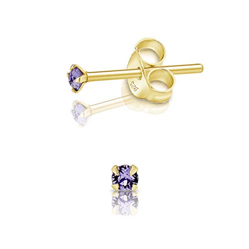 DTPsilver - Winzige Ohrringe 925 Sterling Silber Gelb Vergoldet mit Kristallen von Swarovski® Elements Runde Sehr kleine Ohrstecker - Durchmesser 2 mm - Farbe : Tansanit von DTPsilver