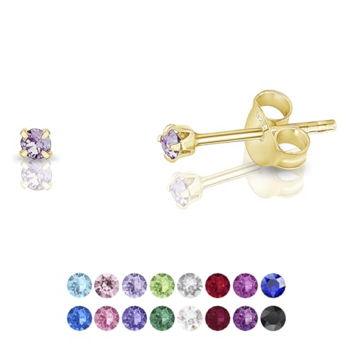 DTPsilver - Winzige Ohrringe 925 Sterling Silber Gelb Vergoldet mit Kristallen von Swarovski® Elements Runde Sehr kleine Ohrstecker - Durchmesser 2 mm - Farbe : Violett von DTPsilver