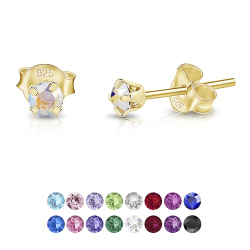 DTPsilver - Winzige Ohrringe 925 Sterling Silber Gelb Vergoldet mit Kristallen von Swarovski® Elements Runde Sehr kleine Ohrstecker - Durchmesser 3 mm - Farbe : Aurore Boreale von DTPsilver