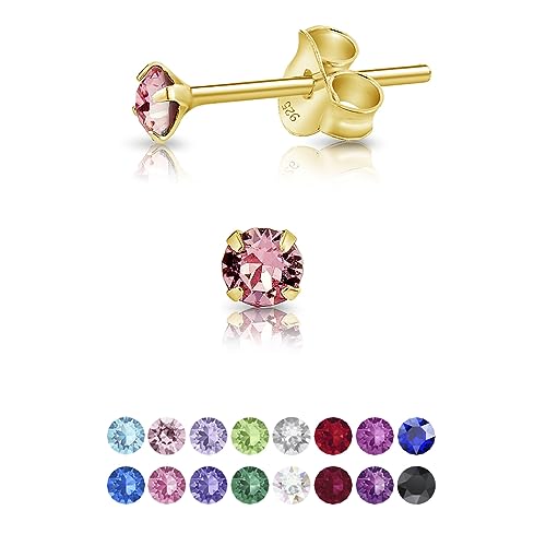 DTPsilver - Winzige Ohrringe 925 Sterling Silber Gelb Vergoldet mit Kristallen von Swarovski® Elements Runde Sehr kleine Ohrstecker - Durchmesser 3 mm - Farbe : Licht Stieg von DTPsilver