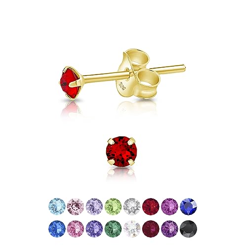 DTPsilver - Winzige Ohrringe 925 Sterling Silber Gelb Vergoldet mit Kristallen von Swarovski® Elements Runde Sehr kleine Ohrstecker - Durchmesser 3 mm - Farbe : Light Siam Rot von DTPsilver