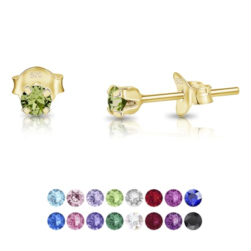 DTPsilver - Winzige Ohrringe 925 Sterling Silber Gelb Vergoldet mit Kristallen von Swarovski® Elements Runde Sehr kleine Ohrstecker - Durchmesser 3 mm - Farbe : Peridot von DTPsilver