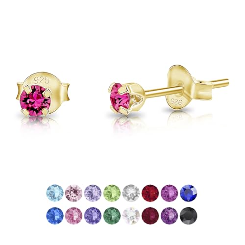 DTPsilver - Winzige Ohrringe 925 Sterling Silber Gelb Vergoldet mit Kristallen von Swarovski® Elements Runde Sehr kleine Ohrstecker - Durchmesser 3 mm - Farbe : Rosa von DTPsilver