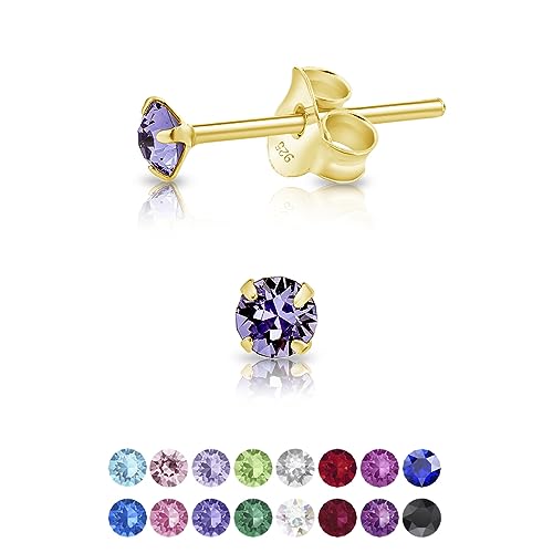 DTPsilver - Winzige Ohrringe 925 Sterling Silber Gelb Vergoldet mit Kristallen von Swarovski® Elements Runde Sehr kleine Ohrstecker - Durchmesser 3 mm - Farbe : Tansanit von DTPsilver