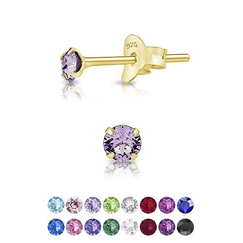 DTPsilver - Winzige Ohrringe 925 Sterling Silber Gelb Vergoldet mit Kristallen von Swarovski® Elements Runde Sehr kleine Ohrstecker - Durchmesser 3 mm - Farbe : Violett von DTPsilver