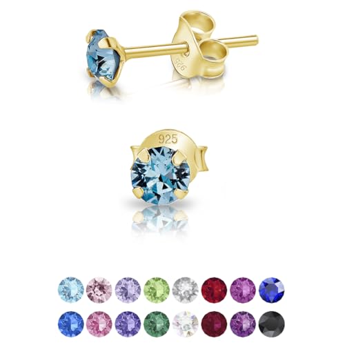 DTPsilver - Winzige Ohrringe 925 Sterling Silber Gelb Vergoldet mit Kristallen von Swarovski® Elements Runde Sehr kleine Ohrstecker - Durchmesser 4 mm - Farbe : Aquamarin von DTPsilver