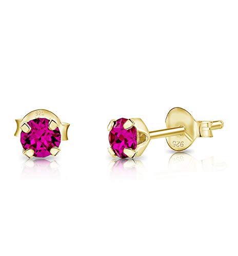 DTPsilver - Winzige Ohrringe 925 Sterling Silber Gelb Vergoldet mit Kristallen von Swarovski® Elements Runde Sehr kleine Ohrstecker - Durchmesser 4 mm - Farbe : Fuchsie von DTPsilver
