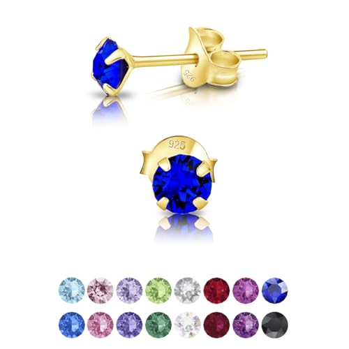 DTPsilver - Winzige Ohrringe 925 Sterling Silber Gelb Vergoldet mit Kristallen von Swarovski® Elements Runde Sehr kleine Ohrstecker - Durchmesser 4 mm - Farbe : Majestätisches Blau von DTPsilver