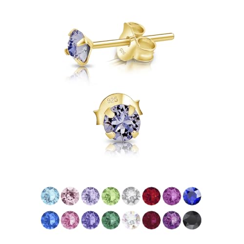 DTPsilver - Winzige Ohrringe 925 Sterling Silber Gelb Vergoldet mit Kristallen von Swarovski® Elements Runde Sehr kleine Ohrstecker - Durchmesser 4 mm - Farbe : Provence Lavendel von DTPsilver