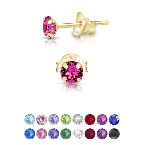 DTPsilver - Winzige Ohrringe 925 Sterling Silber Gelb Vergoldet mit Kristallen von Swarovski® Elements Runde Sehr kleine Ohrstecker - Durchmesser 4 mm - Farbe : Rosa von DTPsilver