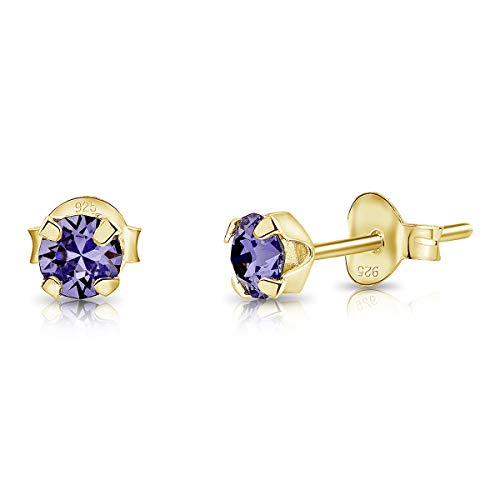 DTPsilver - Winzige Ohrringe 925 Sterling Silber Gelb Vergoldet mit Kristallen von Swarovski® Elements Runde Sehr kleine Ohrstecker - Durchmesser 4 mm - Farbe : Tansanit von DTPsilver