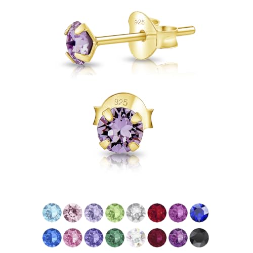 DTPsilver - Winzige Ohrringe 925 Sterling Silber Gelb Vergoldet mit Kristallen von Swarovski® Elements Runde Sehr kleine Ohrstecker - Durchmesser 4 mm - Farbe : Violett von DTPsilver