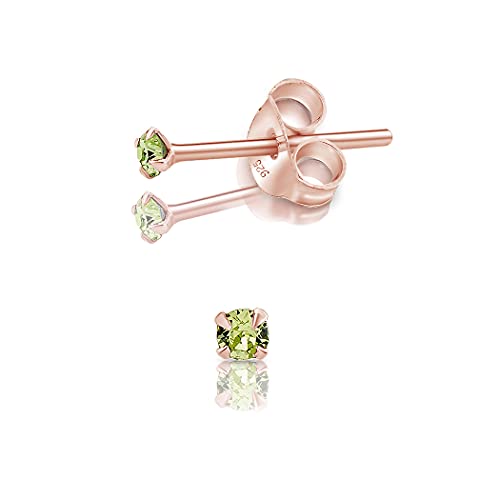 DTPsilver - Winzige Ohrringe 925 Sterling Silber Rosèvergoldet mit Kristallen von Swarovski® Elements Runde Sehr kleine Ohrstecker - Durchmesser 2 mm - Farbe : Peridot von DTPsilver