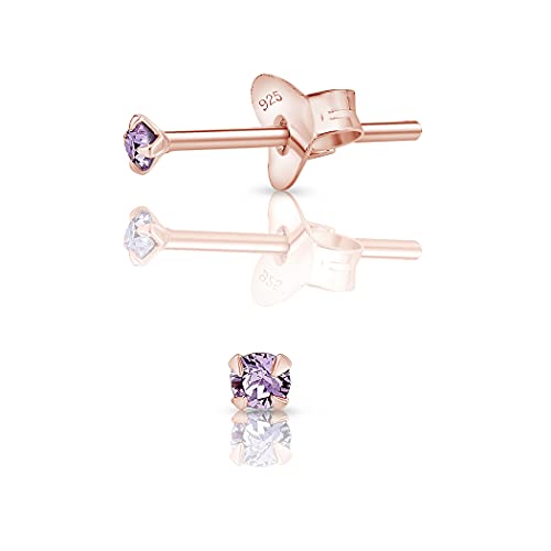 DTPsilver - Winzige Ohrringe 925 Sterling Silber Rosèvergoldet mit Kristallen von Swarovski® Elements Runde Sehr kleine Ohrstecker - Durchmesser 2 mm - Farbe : Violett von DTPsilver