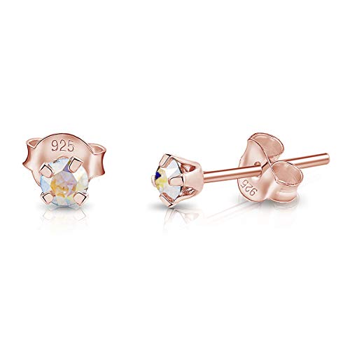 DTPsilver - Winzige Ohrringe 925 Sterling Silber Rosèvergoldet mit Kristallen von Swarovski® Elements Runde Sehr kleine Ohrstecker - Durchmesser 3 mm - Farbe : Aurore Boreale von DTPsilver