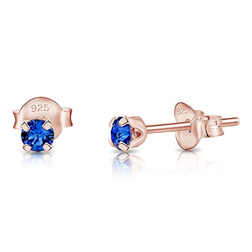 DTPsilver - Winzige Ohrringe 925 Sterling Silber Rosèvergoldet mit Kristallen von Swarovski® Elements Runde Sehr kleine Ohrstecker - Durchmesser 3 mm - Farbe : Blauer Saphir von DTPsilver