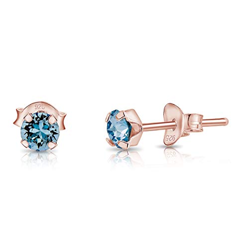 DTPsilver - Winzige Ohrringe 925 Sterling Silber Rosèvergoldet mit Kristallen von Swarovski® Elements Runde Sehr kleine Ohrstecker - Durchmesser 4 mm - Farbe : Aquamarin von DTPsilver