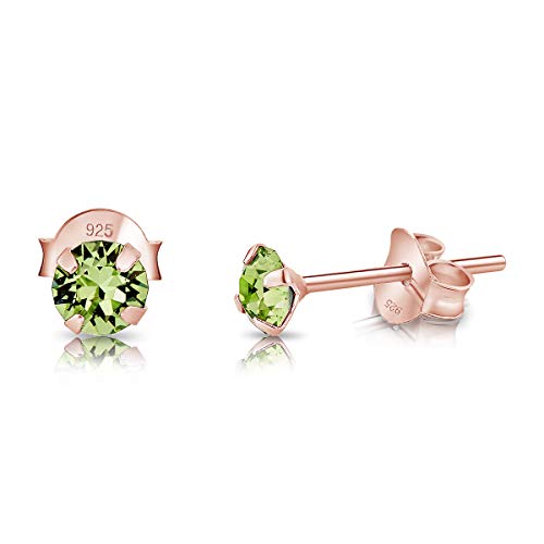 DTPsilver - Winzige Ohrringe 925 Sterling Silber Rosèvergoldet mit Kristallen von Swarovski® Elements Runde Sehr kleine Ohrstecker - Durchmesser 4 mm - Farbe : Peridot von DTPsilver