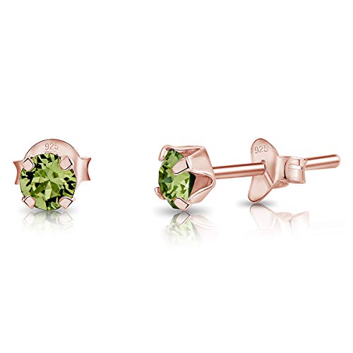 DTPsilver - Winzige Ohrringe 925 Sterling Silber Rosèvergoldet mit Kristallen von Swarovski® Elements Runde Sehr kleine Ohrstecker - Durchmesser 4 mm - Farbe : Peridot von DTPsilver