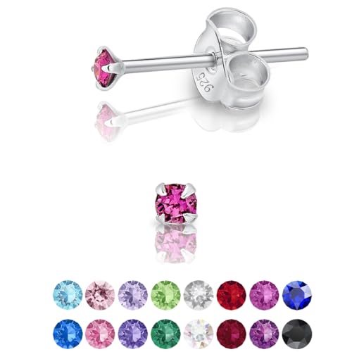 DTPsilver - Winzige Ohrringe 925 Sterling Silber mit Kristallen Runde Sehr kleine Ohrstecker - Durchmesser 2 mm - Farbe : Amethyst von DTPsilver