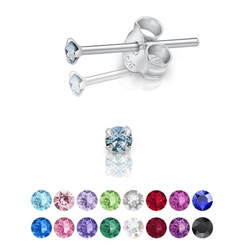 DTPsilver - Winzige Ohrringe 925 Sterling Silber mit Kristallen von Swarovski® Elements Runde Sehr kleine Ohrstecker - Durchmesser 2 mm - Farbe : Aquamarin von DTPsilver