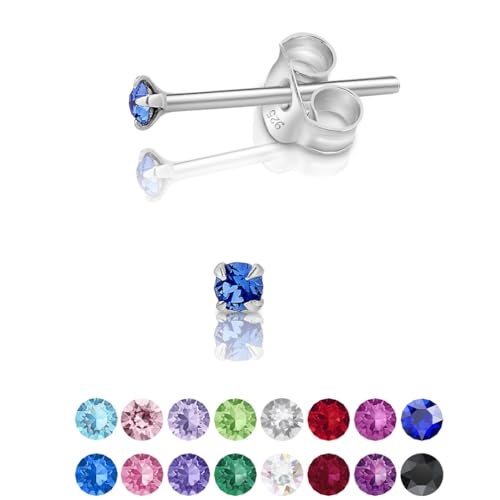 DTPsilver - Winzige Ohrringe 925 Sterling Silber mit Kristallen von Swarovski® Elements Runde Sehr kleine Ohrstecker - Durchmesser 2 mm - Farbe : Blauer Saphir von DTPsilver