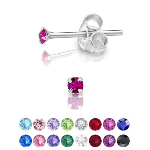 DTPsilver - Winzige Ohrringe 925 Sterling Silber mit Kristallen von Swarovski® Elements Runde Sehr kleine Ohrstecker - Durchmesser 2 mm - Farbe : Fuchsie von DTPsilver