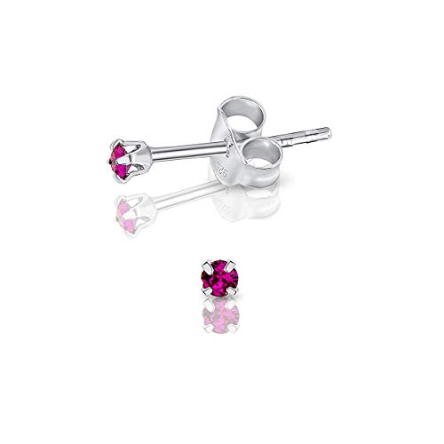 DTPsilver - Winzige Ohrringe 925 Sterling Silber mit Kristallen von Swarovski® Elements Runde Sehr kleine Ohrstecker - Durchmesser 2 mm - Farbe : Fuchsie von DTPsilver