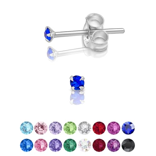 DTPsilver - Winzige Ohrringe 925 Sterling Silber mit Kristallen von Swarovski® Elements Runde Sehr kleine Ohrstecker - Durchmesser 2 mm - Farbe : Majestätisches Blau von DTPsilver