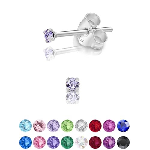 DTPsilver - Winzige Ohrringe 925 Sterling Silber mit Kristallen von Swarovski® Elements Runde Sehr kleine Ohrstecker - Durchmesser 2 mm - Farbe : Provence Lavendel von DTPsilver