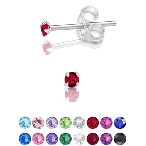 DTPsilver - Winzige Ohrringe 925 Sterling Silber mit Kristallen von Swarovski® Elements Runde Sehr kleine Ohrstecker - Durchmesser 2 mm - Farbe : Rubin von DTPsilver