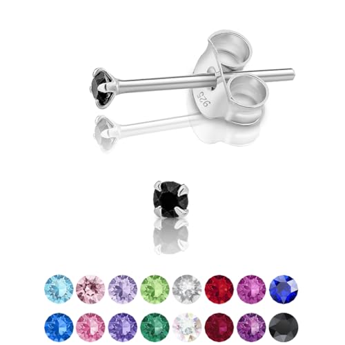 DTPsilver - Winzige Ohrringe 925 Sterling Silber mit Kristallen von Swarovski® Elements Runde Sehr kleine Ohrstecker - Durchmesser 2 mm - Farbe : Schwarz von DTPsilver