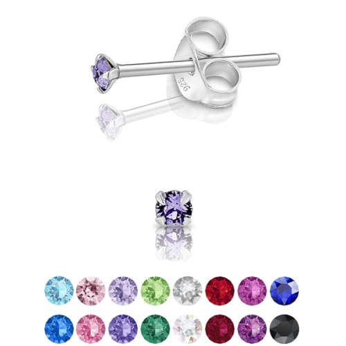 DTPsilver - Winzige Ohrringe 925 Sterling Silber mit Kristallen von Swarovski® Elements Runde Sehr kleine Ohrstecker - Durchmesser 2 mm - Farbe : Tansanit von DTPsilver