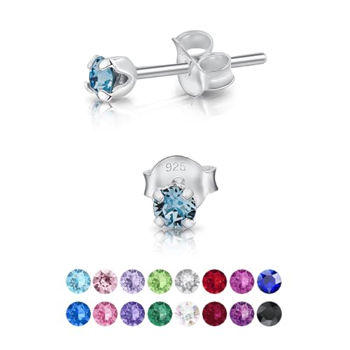 DTPsilver - Winzige Ohrringe 925 Sterling Silber mit Kristallen von Swarovski® Elements Runde Sehr kleine Ohrstecker - Durchmesser 3 mm - Farbe : Aquamarin von DTPsilver