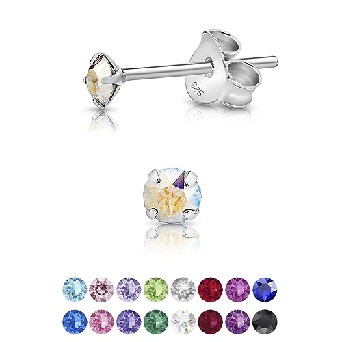 DTPsilver - Winzige Ohrringe 925 Sterling Silber mit Kristallen von Swarovski® Elements Runde Sehr kleine Ohrstecker - Durchmesser 3 mm - Farbe : Aurore Boreale von DTPsilver