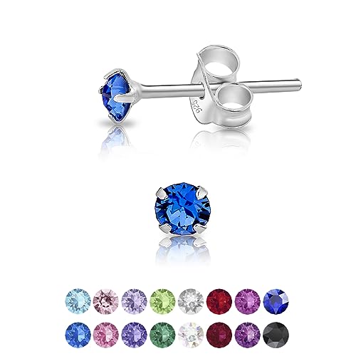 DTPsilver - Winzige Ohrringe 925 Sterling Silber mit Kristallen von Swarovski® Elements Runde Sehr kleine Ohrstecker - Durchmesser 3 mm - Farbe : Blauer Saphir von DTPsilver