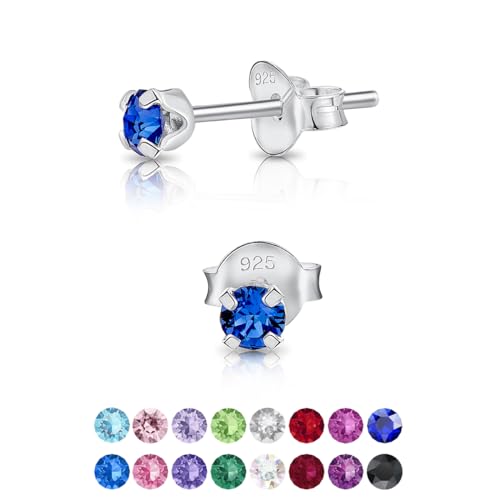 DTPsilver - Winzige Ohrringe 925 Sterling Silber mit Kristallen von Swarovski® Elements Runde Sehr kleine Ohrstecker - Durchmesser 3 mm - Farbe : Blauer Saphir von DTPsilver