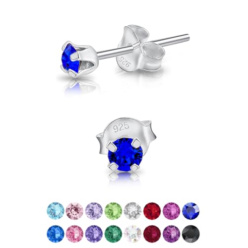 DTPsilver - Winzige Ohrringe 925 Sterling Silber mit Kristallen von Swarovski® Elements Runde Sehr kleine Ohrstecker - Durchmesser 3 mm - Farbe : Majestätisches Blau von DTPsilver