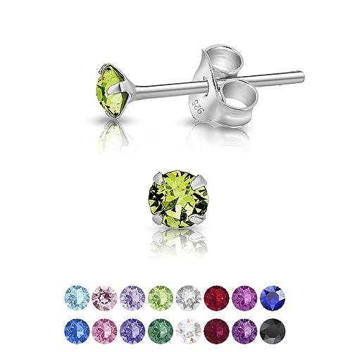 DTPsilver - Winzige Ohrringe 925 Sterling Silber mit Kristallen von Swarovski® Elements Runde Sehr kleine Ohrstecker - Durchmesser 3 mm - Farbe : Peridot von DTPsilver