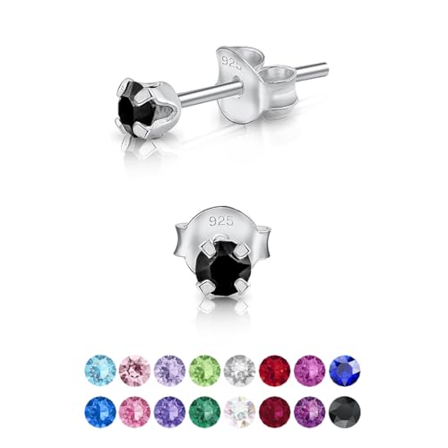 DTPsilver - Winzige Ohrringe 925 Sterling Silber mit Kristallen von Swarovski® Elements Runde Sehr kleine Ohrstecker - Durchmesser 3 mm - Farbe : Schwarz von DTPsilver