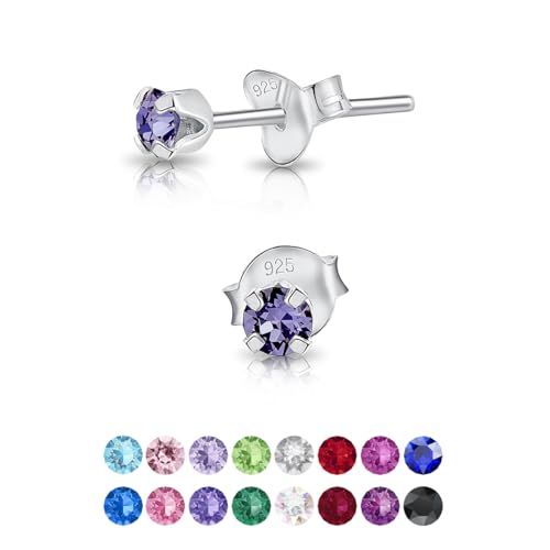 DTPsilver - Winzige Ohrringe 925 Sterling Silber mit Kristallen Runde Sehr kleine Ohrstecker - Durchmesser 3 mm - Farbe : Tansanit von DTPsilver