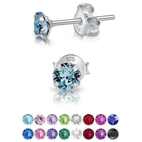 DTPsilver - Winzige Ohrringe 925 Sterling Silber mit Kristallen von Swarovski® Elements Runde Sehr kleine Ohrstecker - Durchmesser 4 mm - Farbe : Aquamarin von DTPsilver